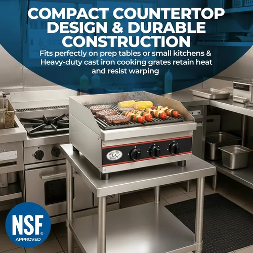 Vista 5 de Express-KitchQuip - Asador de carbón a gas comercial de 24 pulgadas para encimera, 2 quemadores, 40,000 BTU, acero inoxidable, 24 pulgadas de largo