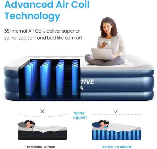 Vista 3 de Active Era Colchón de aire Queen prémium de 20 pulgadas con bomba integrada, almohada elevada, resistente a pinchazos, parte superior suave