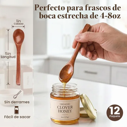 Vista 2 de HANSGO 12 unidades de cucharas de madera pequeñas, cuchara de 5 pulgadas para miel, té, café, mermelada, baño, azúcar, sales, especias, condimentos