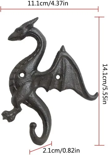 Vista 5 de Ganchos de montaje en pared de dragón, decorativo, rústico, de hierro fundido, dragón, soporte de estante resistente para colgar abrigos, llaves