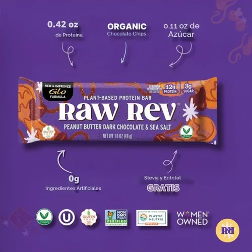 Vista 3 de Raw Rev Glo Barras de proteína, mantequilla de cacahuate chocolate oscuro y sal marina, barra de 1.6 onzas