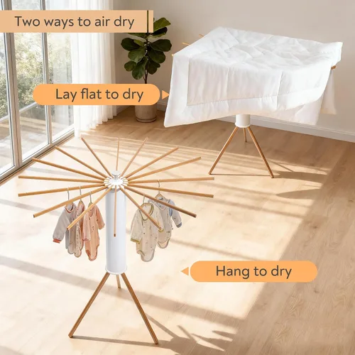Vista 4 de ZOFGENOW Estante de secado de ropa, soporte plegable giratorio con 16 brazos, color blanco Base de trípode estable, resistente de 50 libras