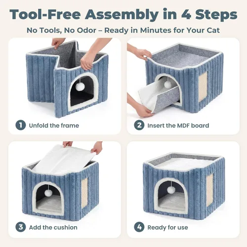 Vista 5 de Avont Cama tipo cueva 3 en 1 para gatos de interior con almohadilla para Azul