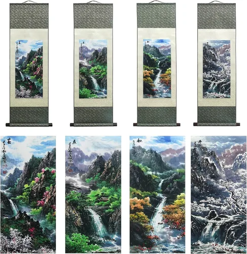 Vista 36 de AtfArt Decoración asiática de pared, hermosa pintura de pergamino de seda del paisaje del río de la cascada - Montaña, primavera, otoño