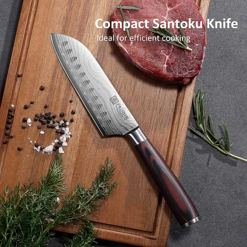 Vista 4 de PAUDIN - Cuchillo Santoku, cuchillo de chef de 5 pulgadas, cuchillo de cocina ultra afilado, cuchillo de chef japonés con funda, acero inoxidable