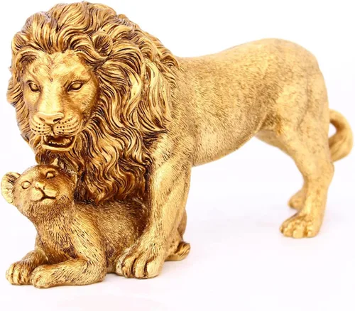 Vista 2 de Estatua decorativa de resina feng Shui León para madre e hijo de león, escultura de elefante, regalos para mujeres, dorado