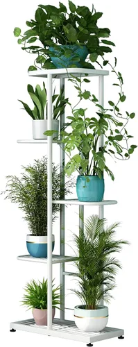 Vista 7 de LINZINAR Soporte de metal para plantas de 4 niveles y 5 macetas, estante múltiple para macetas para interiores y exteriores, unidad de estantería