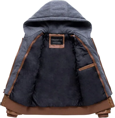 Vista 3 de CREATMO US Chaqueta de piel sintética para hombre, impermeable, resistente al viento, PU con capucha extraíble