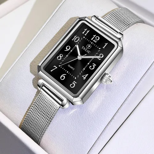 Vista 2 de Reloj cuadrado para mujer, pulsera de malla de acero inoxidable, rectangular, reloj de vestir para mujer, reloj de pulsera analógico de cuarzo