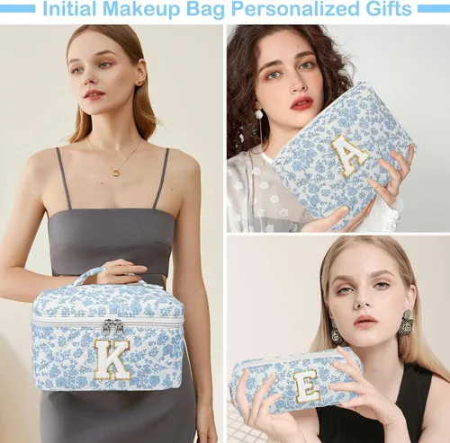 Vista 5 de Set de Bolso de Maquillaje Inicial Junesters, Bolso de Maquillaje Acolchado Personalizado, Bolso de Cosméticos Floral Grande para Mujeres, Bonitos