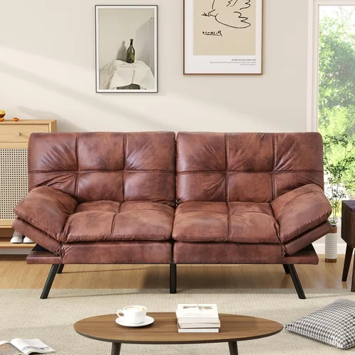 Vista 7 de Opoiar Sofá cama de piel sintética, futón de espuma viscoelástica, plegable, sofá compacto acolchado con patas de metal, moderno sofá biplaza Marrón