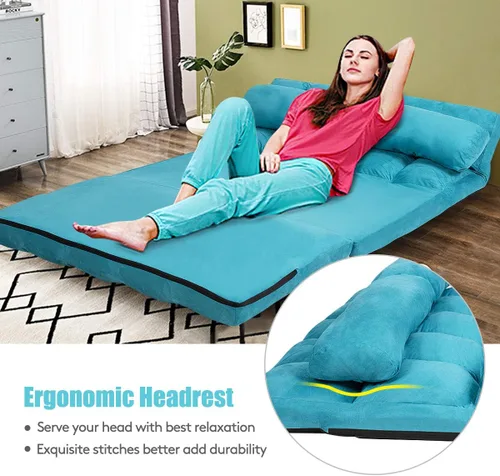 Vista 5 de S AFSTAR Safstar Sofá plegable y futón de suelo, sofá cama de tela de 6 posiciones con 2 almohadas y relleno de esponja, sofá perezoso ajustable Azul