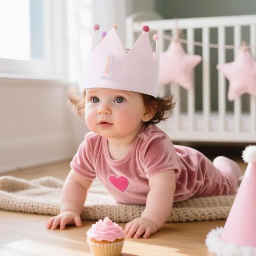 Vista 3 de Muslin Crown Hat First Years Birthday for Baby Girl Party Decoration Pink Headband Rosa