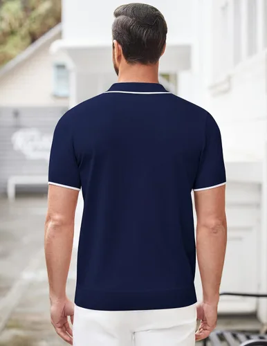 Vista 4 de COOFANDY Polo con cremallera para hombre estilo casual de punto de manga corta ajuste clásico