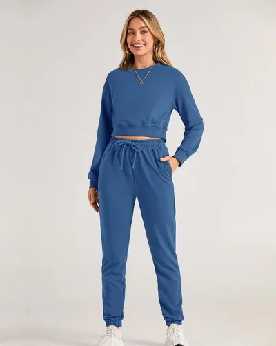 Vista 14 de BTFBM Conjunto deportivo de 2 piezas para mujer, camiseta corta de manga larga, sin botones, pantalón con cordón ajustable, pantalones deportivos