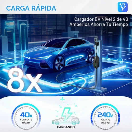 Vista 2 de SEGUMA Cargador EV de Nivel 2, Cargadores de Coche Eléctrico de 40 Amperios, Cable de 25 Pies con Enchufe NEMA 14-50, Corriente Ajustable, Retardo