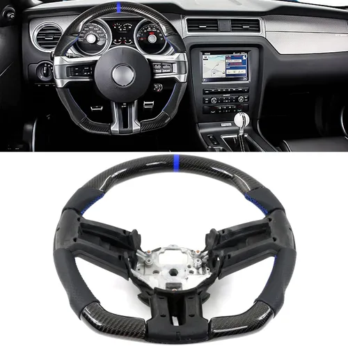 Vista 2 de IKON MOTORSPORTS, Volante compatible con Ford Mustang 2010-2014, Kit de reemplazo de cuerpo de volante en fibra de carbono y cuero con costura azul