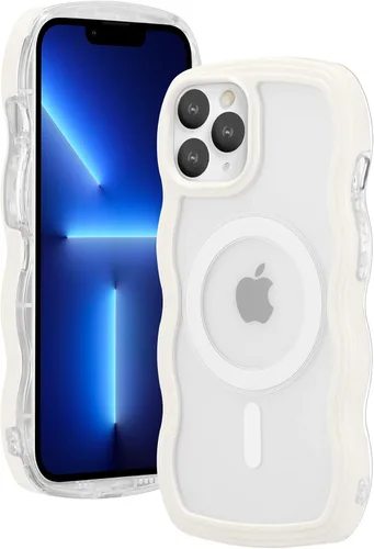 Vista 10 de ZCDAYE Funda magnética para iPhone 11, bonita funda con marco de ondas rizadas compatible con carga inalámbrica, funda protectora transparente