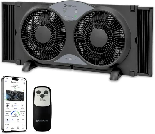 Vista 11 de Comfort Zone Ventilador de ventana doble reversible de 9 pulgadas con control remoto – Ventilador de doble aspa de 3 velocidades con modos de Negro