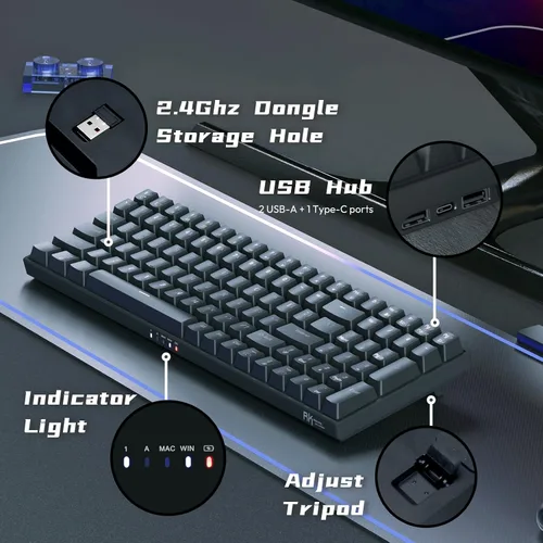 Vista 7 de RK ROYAL KLUDGE Teclado mecánico RK100 2.4G inalámbricoBluetoothcon cable RGB, 100 teclas, 3 modos conectables, teclado para juegos con interruptor