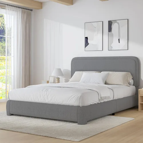 Vista 33 de BarnFurin Base de cama individual con cabecero, cama de plataforma tapizada Cloud Boucle, esquinas redondeadas suaves, no necesita somier, Beige