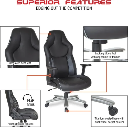 Vista 4 de OSP Home Furnishings Serie ECH - Silla de juegos de cuero regenerado grande y alta para hasta 350 libras con brazos abatibles ajustables en altura