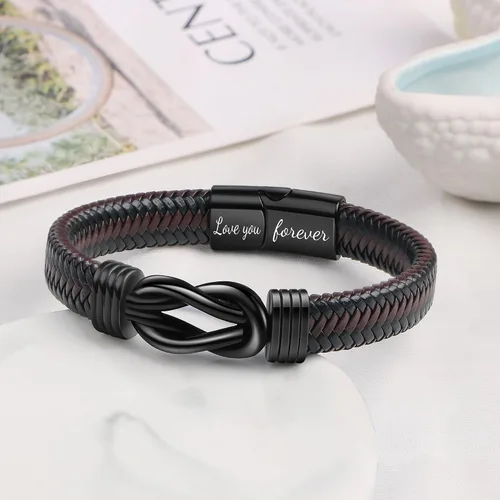 Vista 6 de Brown Braided Leather Stainless Steel Infinity Bracelets Lettering Love You Forever Gifts for Son Grandson Husband Boyfriend Brother Always Linked