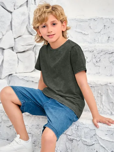 Vista 4 de Makkrom Camiseta de manga corta para niño, estilo retro, cuello redondo, de algodón, informal, lavada