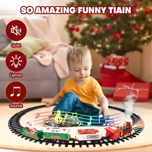 Vista 4 de Juego de tren de Navidad 2 en 1 para colgar alrededor del árbol, juguetes para niños pequeños con pista de lujo, sonido y humo, juego de juguetes