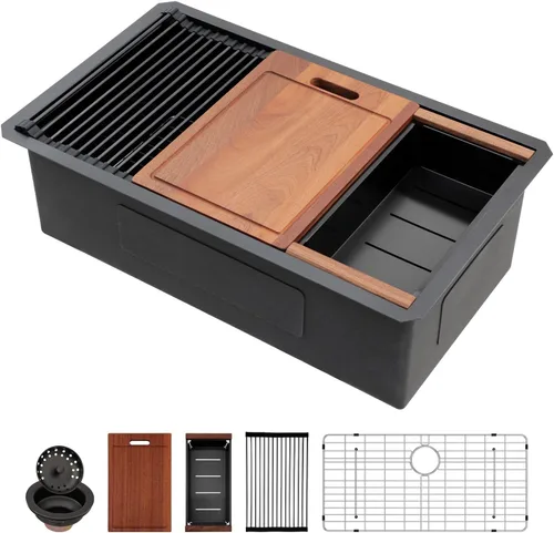 Vista 37 de Sarlai Fregadero de cocina empotrado de 30 pulgadas dorado - Fregadero de cocina de 76,2 cm x 45,7 cm con repisa para estación de trabajo de acero
