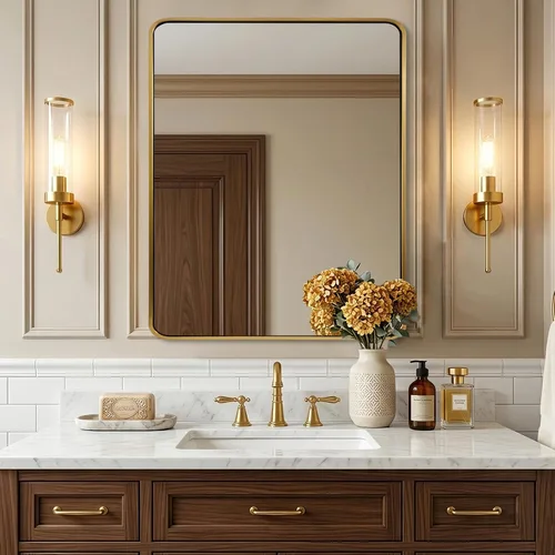 Vista 45 de Espejo de latón para baño, espejo rectangular redondeado de 22x30 pulgadas con marco de metal cepillado dorado, espejo de tocador de baño sin