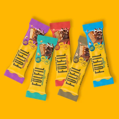 Vista 7 de Barras de snack de proteína FULFIL, sabor chocolate y caramelo con maní, sin gluten con 0.53 oz (15 g) de proteína, productos básicos de despensa
