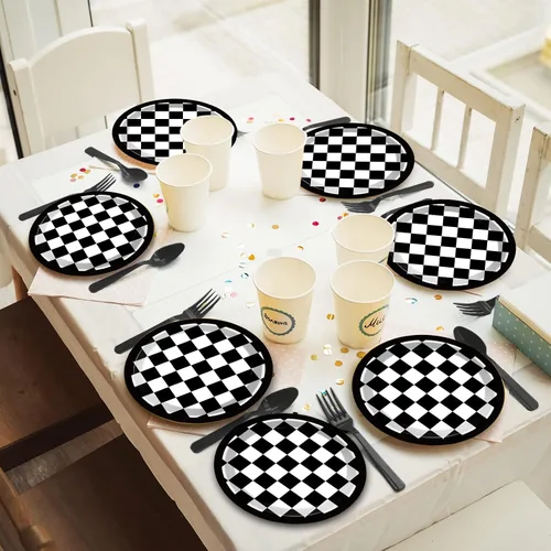 Vista 6 de 48 platos de papel de fiesta con bandera a cuadros en blanco y negro para suministros de fiesta de autos de carreras de 7 pulgadas, platos de postre