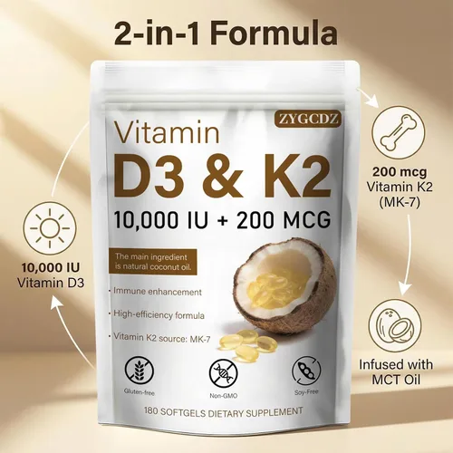 Vista 8 de Vitamina D3 10000 UI con cápsulas blandas K2 MK-7 de 200 mcg, 180 unidades Apoya la salud ósea, cardíaca e inmunológica Absorción mejorada