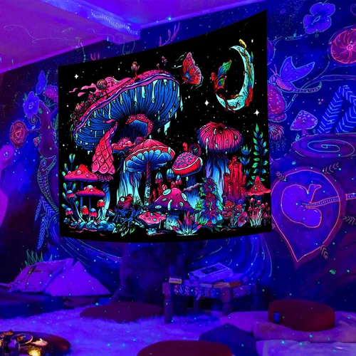 Vista 3 de TUGCAY Tapiz de hongos con luz negra, que brilla en la oscuridad, tapiz de plantas con luz negra, fantasía, hongo, mariposa, luna, reactivo a