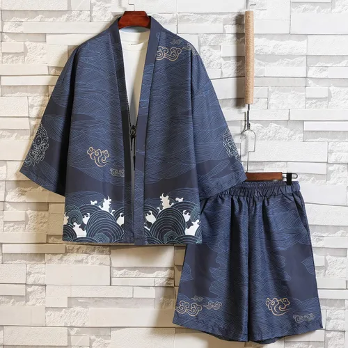Vista 7 de PRIJOUHE Conjunto de kimono de estilo japonés para hombre, ligero, casual, siete mangas, frente abierto, cárdigan y pantalones cortos