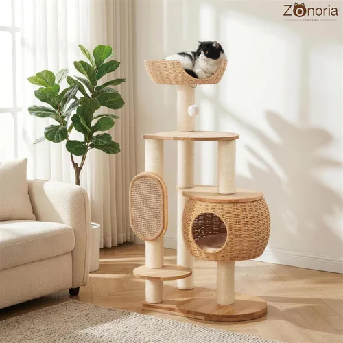 Vista 2 de Árbol de gato moderno, torre para gatos con poste rascador, nidos y cestas de calabaza tejidas a mano, manta de sisal