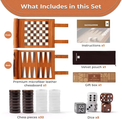 Vista 5 de Woodronic Juego de damas de backgammon de ajedrez de viaje 3 en 1, juego de backgammon de cuero enrollable con 32 piezas de perlas premium y 5