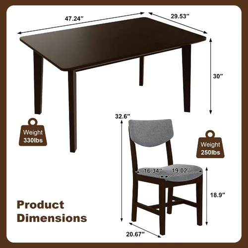Vista 3 de Mesa de comedor de madera de 5 piezas y 4 sillas tapizadas, mesa rectangular con sillas, asiento y respaldo acolchados de lino para comedor, cocina