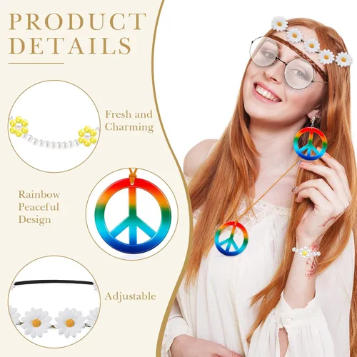 Vista 3 de Juego de 6 accesorios de disfraz hippie bohemio, letrero de la paz, margarita, flor de los años 60 y 70, decoraciones para fiestas geniales