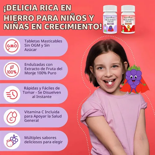 Vista 2 de Hierro masticable para niños y niños pequeños 9 mg con vitamina