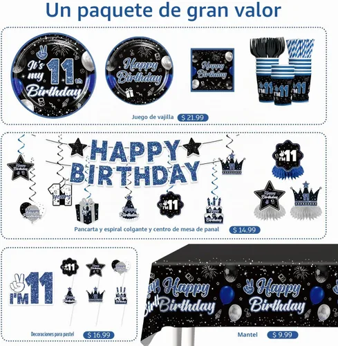 Vista 3 de Xynic 216 piezas de decoraciones de cumpleaños número 11 para niños, sirve a 25 personas, juego completo de vajilla de papel que incluye pancarta