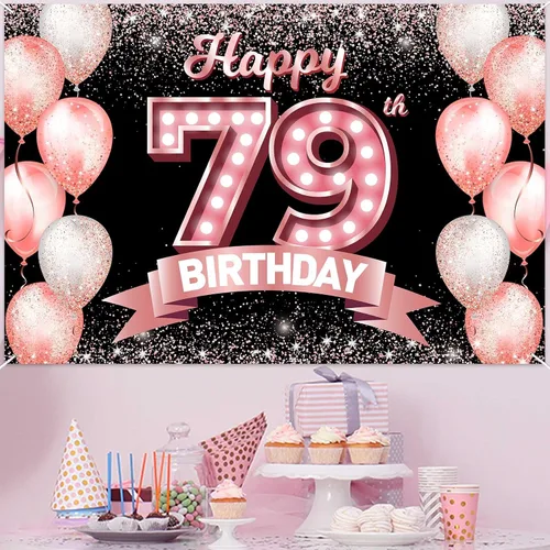 Vista 313 de Cartel de feliz cumpleaños décimo oro rosa, telón de fondo, saludos a 10 años, globos de confeti, decoración temática para niñas de 10 años