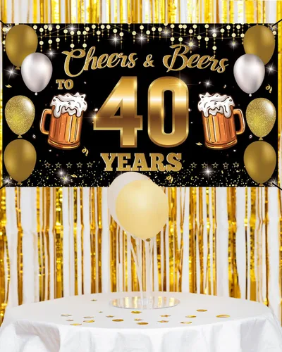 Vista 3 de Pancarta de fondo con texto en inglés "Cheers to 40 Years", decoración de feliz cumpleaños número 40 para hombres y mujeres, fiesta de cumpleaños