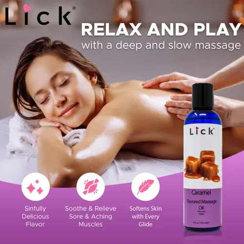 Vista 3 de Lick Aceite de masaje con sabor a caramelo, aceite de masaje comestible de postre cálido con vitamina E, textura suave y segura para el cuerpo