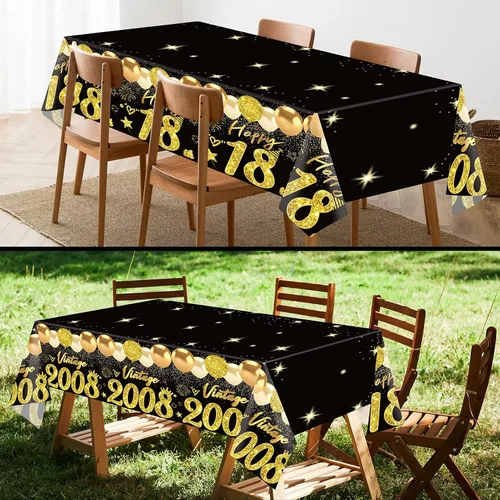 Vista 4 de Uiorgui 2 piezas mantel de cumpleaños número 18, mantel de cumpleaños número 18 negro dorado para niños y niñas, mantel de plástico rectangular