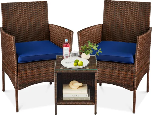 Vista 14 de Best Choice Products Juego de 3 piezas de mimbre para conversación al aire libre, muebles de patio que ahorran espacio para jardín con mesa