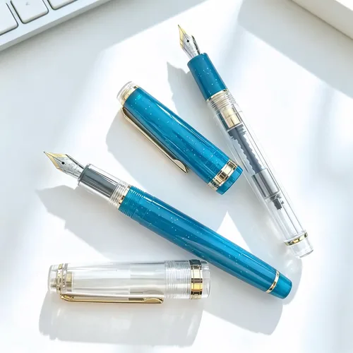 Vista 3 de Jinhao 82 Pluma estilográfica acrílica con convertidor, blanco transparente y azul malaquita con borde dorado, juego de 2 bolígrafos de escritura