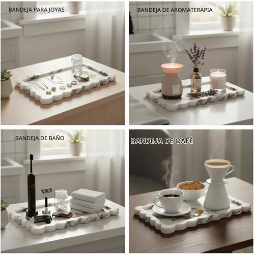 Vista 4 de Bandeja rectangular de mármol con borde ondulado para decoración del hogar para baño/cocina/tocador/aparador sin resina