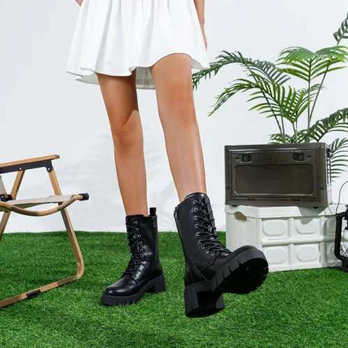 Vista 6 de Vepose Botas de combate hasta media pantorrilla para mujer con cordones elásticos de plataforma gruesa con cremallera lateral